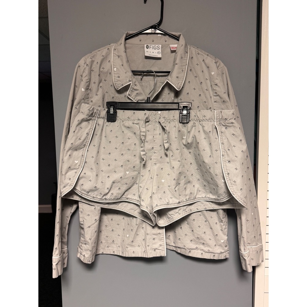 Figs Pajama Set Womens XL Gray Medical Heart EKG Print Cotton PJs W18LW1001B